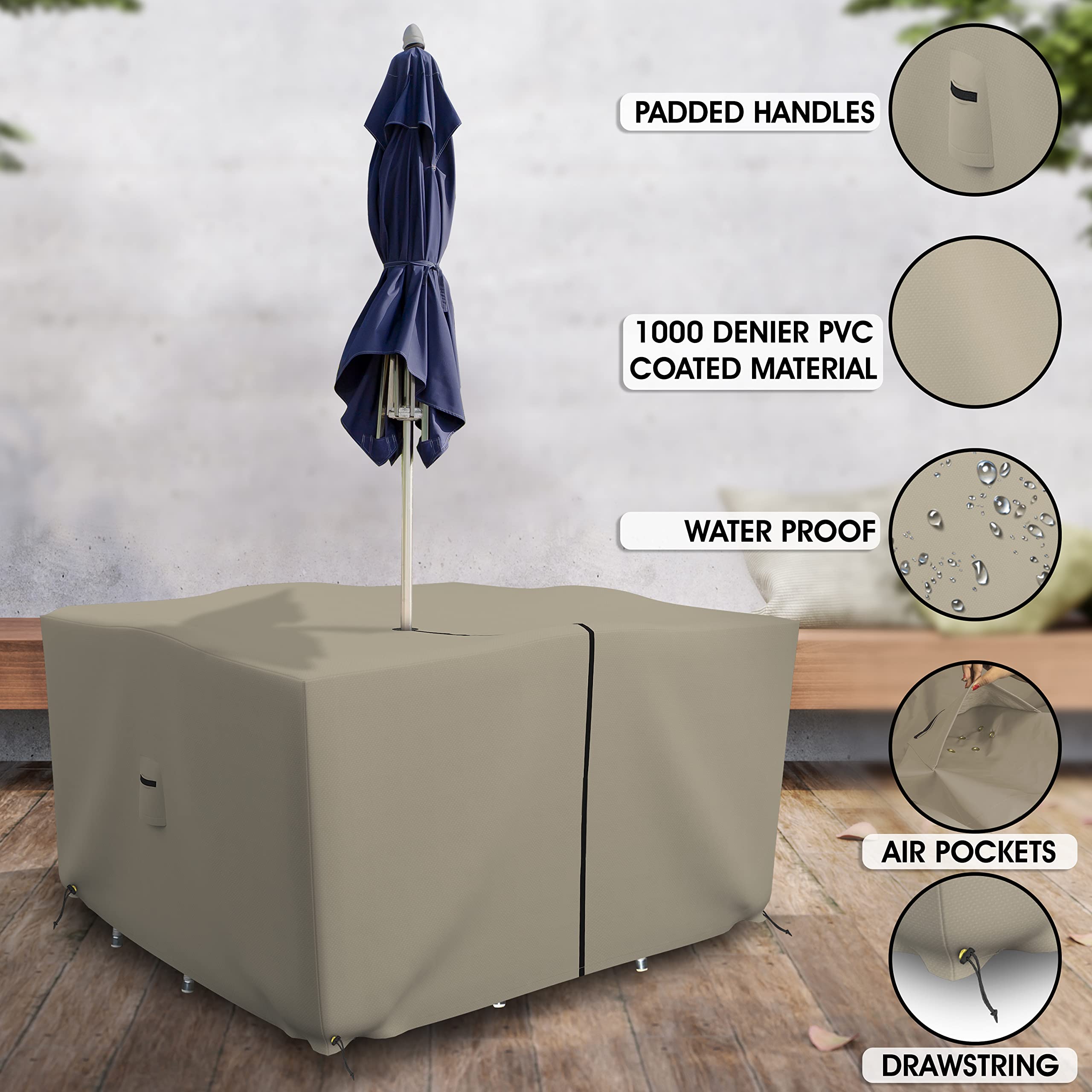 Covers & all Square Table & Chair Set Cover with Umbrella Hole, 12 Oz Waterproof UV & Weather Resistant, Patio Lawn Garden Backyard Furniture with Air Vents & Drawstrings (70"L X 70"W X 30"H, Beige)