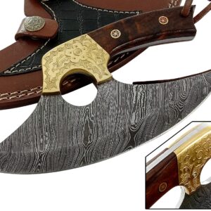 Damascus Steel alaskan Ulu Knife - Fixed Blade knife for Chopping Boning Slicing Cutting,Solid Burl Rose Wood Handle with Leather Sheath.SM145