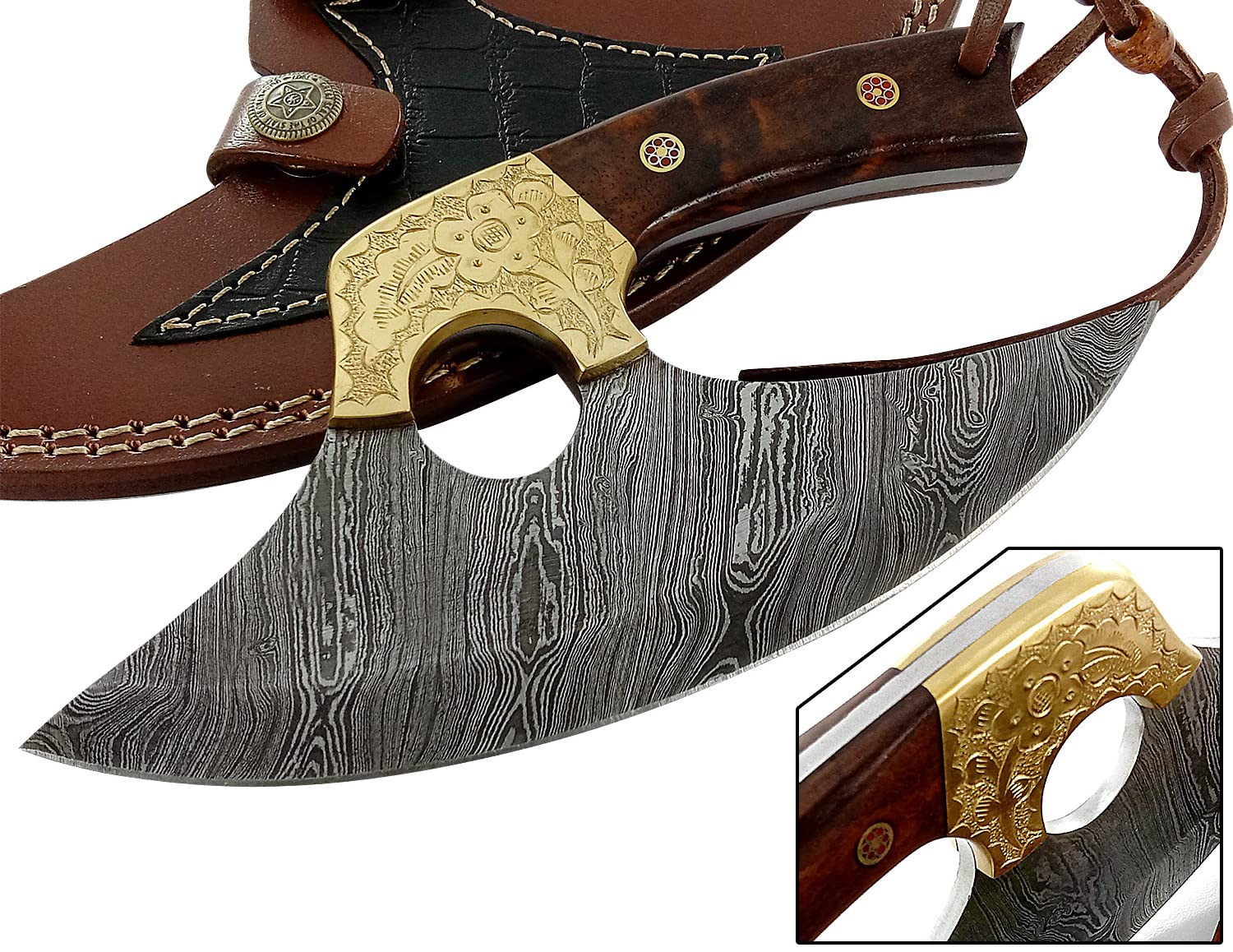 Damascus Steel alaskan Ulu Knife - Fixed Blade knife for Chopping Boning Slicing Cutting,Solid Burl Rose Wood Handle with Leather Sheath.SM145