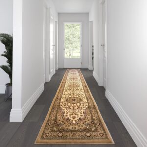 Flash Furniture Mersin Collection Persian Style Area Rug - Olefin Ivory Non-Shedding Fibers - 3' x 20' - Jute Backing - for Hallway, Entryway, Bedroom, Living Room