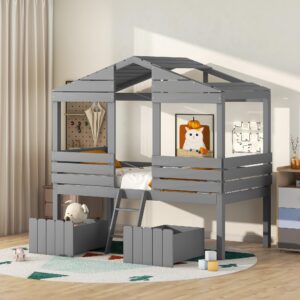 twin house bed with storage drawers low loft beds wood playhouse bed frame for kids boys girls children, gray