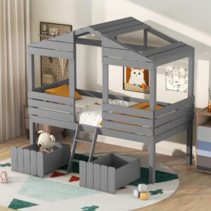 Twin House Bed with Storage Drawers Low Loft Beds Wood Playhouse Bed Frame for Kids Boys Girls Children, Gray