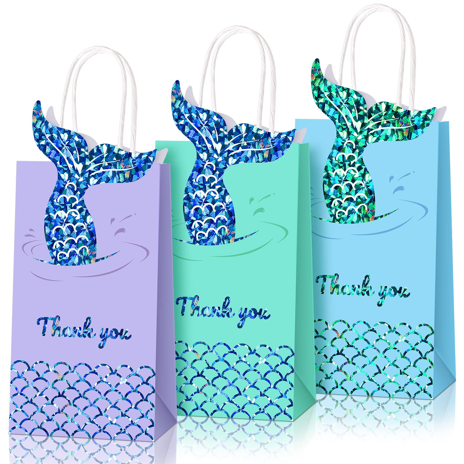 Sabary 18 Pcs Mermaid Party Favor Bags Mermaid Gift Goodie Bags Mermaid Treat Bags Paper Candy Bags with Handles for Girls Mermaid Birthday Baby Shower Little Decorations