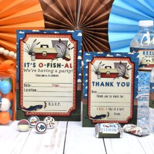 Amanda Creation Deluxe Gone Fishing REELY Fun Birthday Party Bundle Includes 20 Invitations & Thank You Cards with Envelopes + 3 Different Sizes of Stickers & Water Bottle Labels!