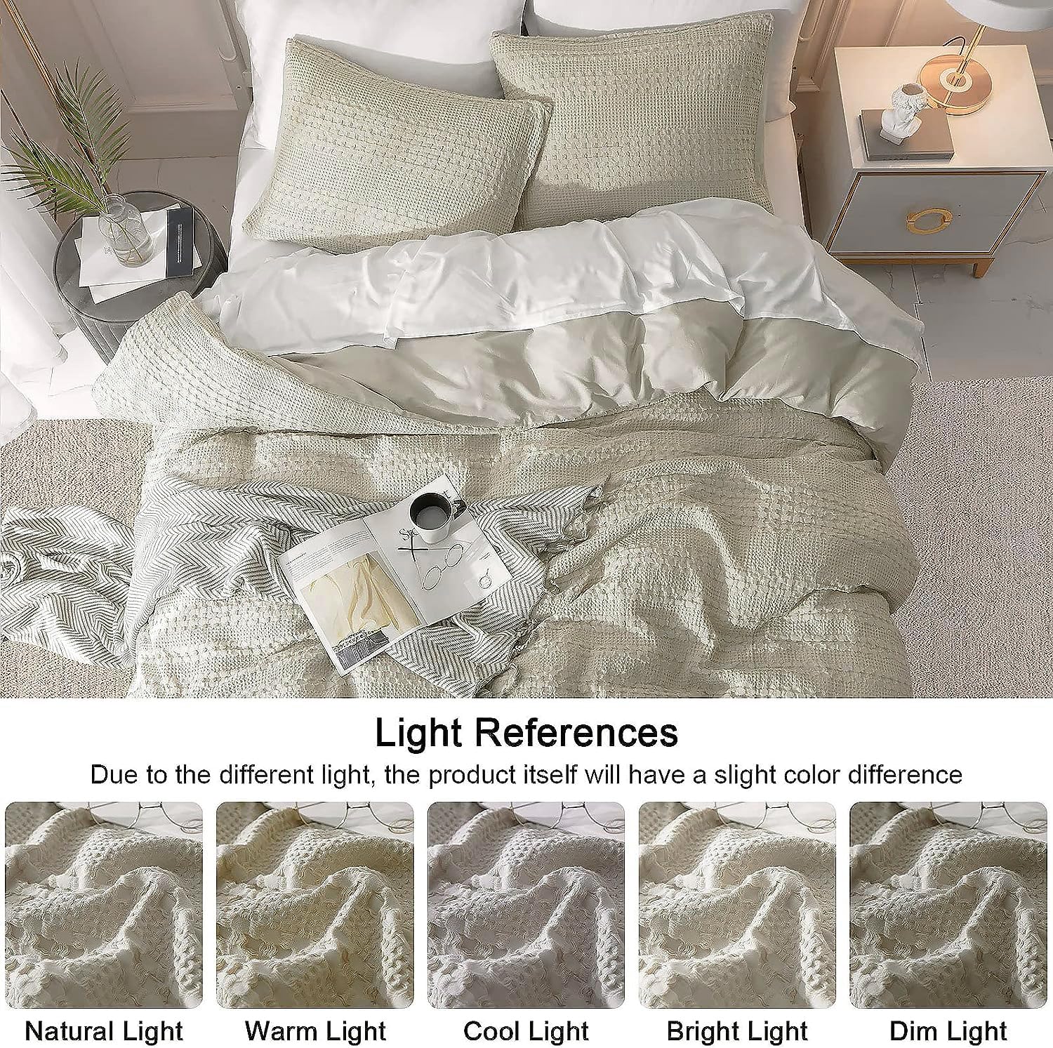 Ivellow Duvet Cover King Waffle Weave Duvet Cover Set 100% Cotton Textured Khaki Duvet Cover Cozy Soft Breathable King Duvet Cover Skin-Friendly Luxury Comforter Cover Bedding Set All Season 104"x90"