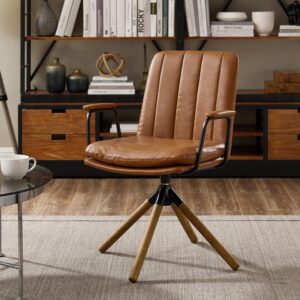 zouron swivel mid century modern office chair, ergonomic desk chair for living room, computer chair pu leather home office chair with oak wood legs, yellow brown, no wheel