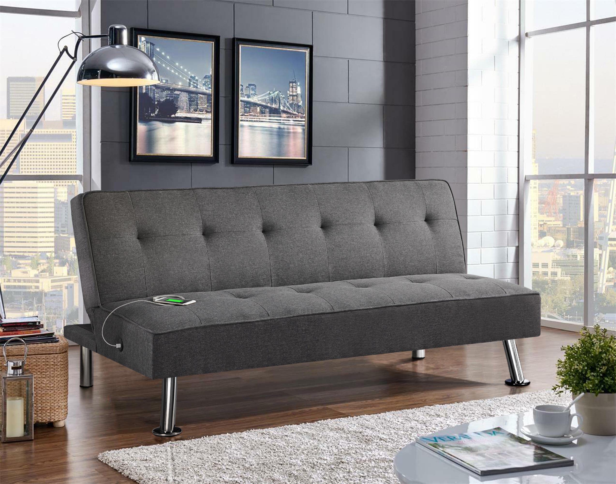 Yaheetech Modern Convertible Futon Sofa Bed w/ 2 Integrated USB Charging Ports Fabric Loveseat Couch Metal Legs, 3 Angles Adjustable Back for Compact Living Space, Apartment, Dorm, Bonus Room Gray