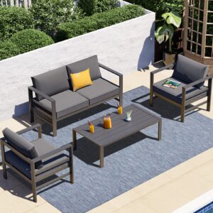 FYRICKYLINOO 4 Piece Cast Aluminum Outdoor Patio Furniture Set, All-Weather 4 PCS Modern Aluminum Outdoor Conversation Sets Metal Patio Sectional Chat Sofa with Coffee Table, Dark Gray