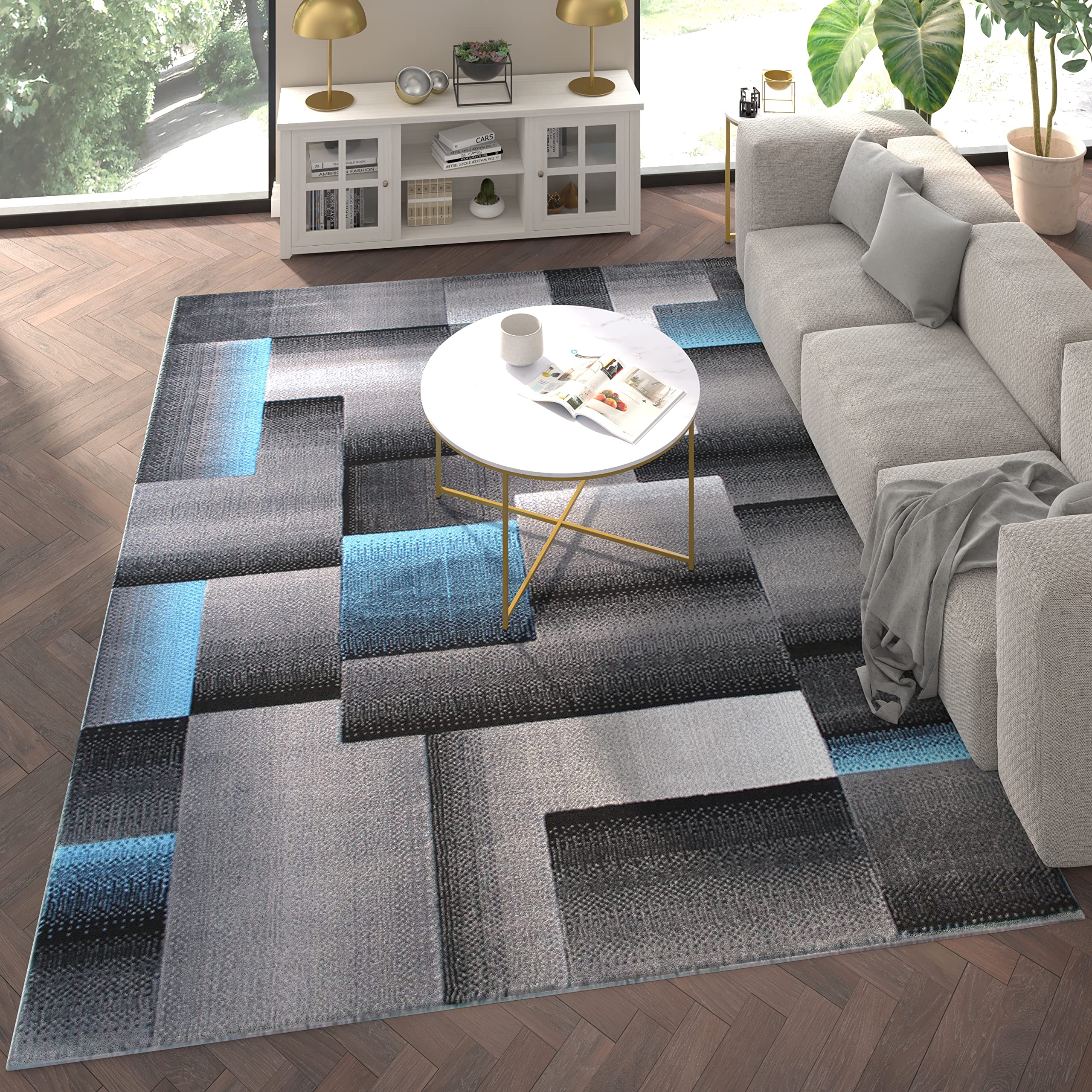 EMMA + OLIVER Malaga Olefin Accent Rug - Modern Cubist Pattern - Black and Gray Shades with Vibrant Blue Accents - 8x10 - Moisture & Stain Resistant