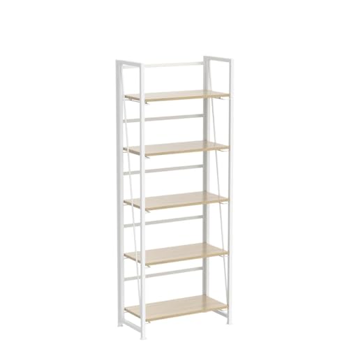 4NM No-Assembly Folding Bookshelf Storage Shelves 5 Tiers Vintage Bookcase Standing Racks Study Organizer Home Office (Natural and White)