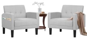 tyboatle mid-century modern fabric accent living room arm chairs set of 2, upholstered tufted bedroom office single armchair, reading lounging side lounge chair living room furniture (light grey)