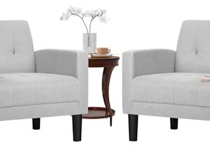 TYBOATLE Mid-Century Modern Fabric Accent Living Room Arm Chairs Set of 2, Upholstered Tufted Bedroom Office Single Armchair, Reading Lounging Side Lounge Chair Living Room Furniture (Light Grey)