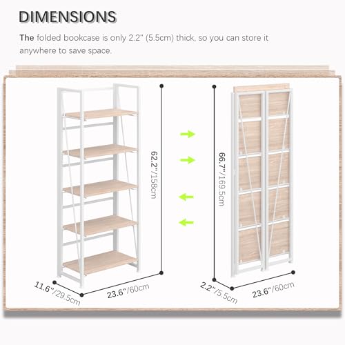 4NM No-Assembly Folding Bookshelf Storage Shelves 5 Tiers Vintage Bookcase Standing Racks Study Organizer Home Office (Natural and White)