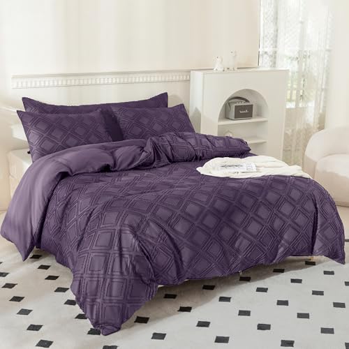 JELLYMONI Duvet Cover King Size - Purple Microfiber Tufted Duvet Cover Set, Boho Textured Duvet Cover Jacquard Rhombus Geometric Pattern Duvet Cover with Corner Ties & Zipper Closure