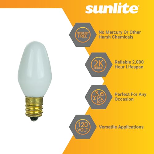 Sunlite 01059 7C7 Incandescent Bulb, 7 Watt, Candelabra E12 Base, C7 Small Night Light, Colored Bulb, White, 12 Count