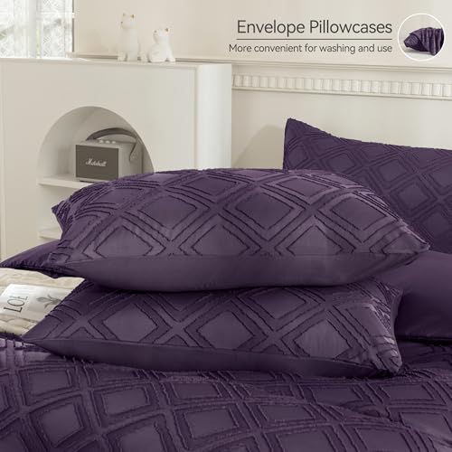 JELLYMONI Duvet Cover King Size - Purple Microfiber Tufted Duvet Cover Set, Boho Textured Duvet Cover Jacquard Rhombus Geometric Pattern Duvet Cover with Corner Ties & Zipper Closure