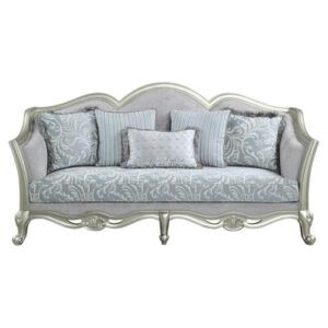 Acme Qunsia Sofa with 5 Pillows in Light Gray Fabric and Champagne