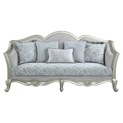 Acme Qunsia Sofa with 5 Pillows in Light Gray Fabric and Champagne