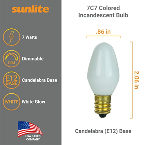 Sunlite 01059 7C7 Incandescent Bulb, 7 Watt, Candelabra E12 Base, C7 Small Night Light, Colored Bulb, White, 12 Count