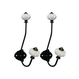 30go set of 2 antique decorative hooks ceramic iron hooks w/screws, vintage pumpkin metal ceramic wall coat hooks (white)