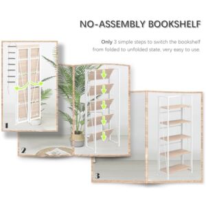 4NM No-Assembly Folding Bookshelf Storage Shelves 5 Tiers Vintage Bookcase Standing Racks Study Organizer Home Office (Natural and White)