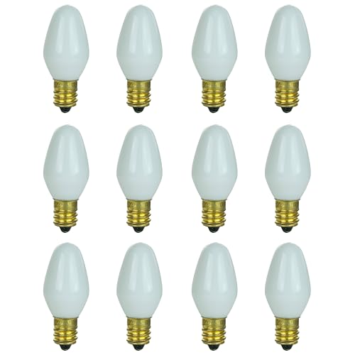 Sunlite 01059 7C7 Incandescent Bulb, 7 Watt, Candelabra E12 Base, C7 Small Night Light, Colored Bulb, White, 12 Count