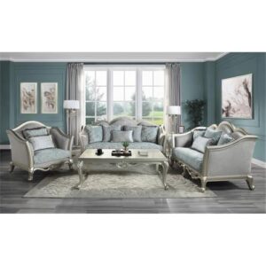 Acme Qunsia Sofa with 5 Pillows in Light Gray Fabric and Champagne