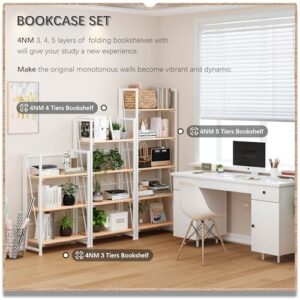 4NM No-Assembly Folding Bookshelf Storage Shelves 5 Tiers Vintage Bookcase Standing Racks Study Organizer Home Office (Natural and White)