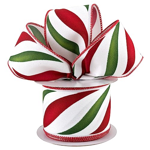 Candy Cane Swirl Christmas Ribbon - 2 1/2" x 10 Yards, Red, Green & White, Wired Edge, Wreath, Gift Wrap, Garland, Swag, Garland, Bows, Boxing Day