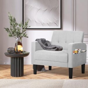 TYBOATLE Mid-Century Modern Fabric Accent Living Room Arm Chairs Set of 2, Upholstered Tufted Bedroom Office Single Armchair, Reading Lounging Side Lounge Chair Living Room Furniture (Light Grey)