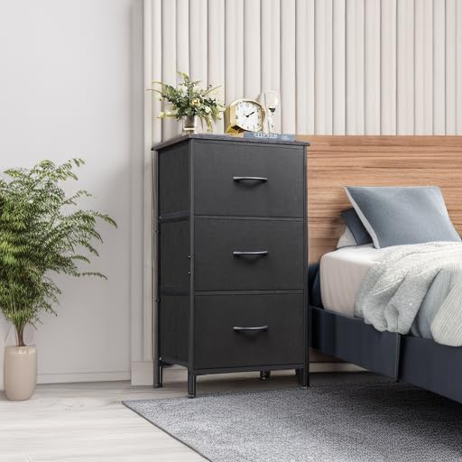 WLIVE Dresser with 3 Drawers, Fabric Nightstand, Organizer Unit, Storage Dresser for Bedroom, Hallway, Entryway, Closets, Sturdy Steel Frame, Wood Top, Easy Pull Handle, Charcoal Black