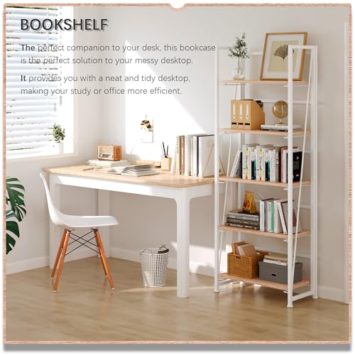 4NM No-Assembly Folding Bookshelf Storage Shelves 5 Tiers Vintage Bookcase Standing Racks Study Organizer Home Office (Natural and White)