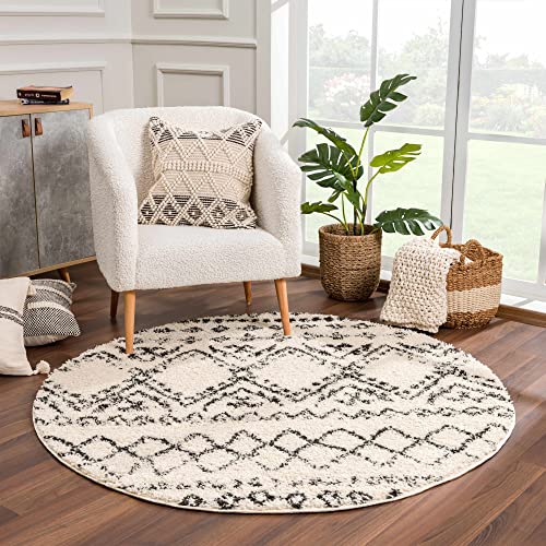 Hauteloom Duncans Farmhouse Shag Area Rug – Plush Pile Living Room & Bedroom Rug with Fringe – Beige, Charcoal, Gray - 6'7" x 9'