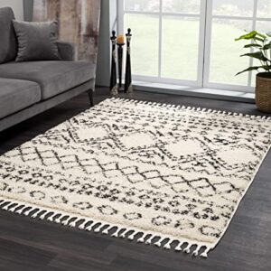 Hauteloom Duncans Farmhouse Shag Area Rug – Plush Pile Living Room & Bedroom Rug with Fringe – Beige, Charcoal, Gray - 6'7" x 9'