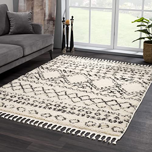 Hauteloom Duncans Farmhouse Shag Area Rug – Plush Pile Living Room & Bedroom Rug with Fringe – Beige, Charcoal, Gray - 6'7" x 9'