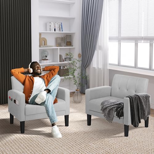 TYBOATLE Mid-Century Modern Fabric Accent Living Room Arm Chairs Set of 2, Upholstered Tufted Bedroom Office Single Armchair, Reading Lounging Side Lounge Chair Living Room Furniture (Light Grey)