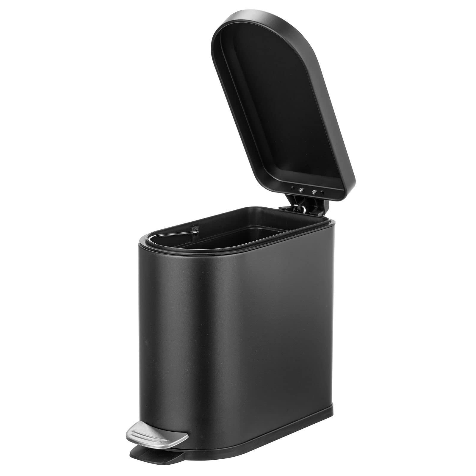 mDesign Small 1.3 Gallon Stainless Steel Metal Step Trash Can Garbage Bin for Bathroom, Bedroom, or Home Office - D-Shape Trashcan with Foot Pedal and Lid - Removable Liner Bucket with Handles, Black