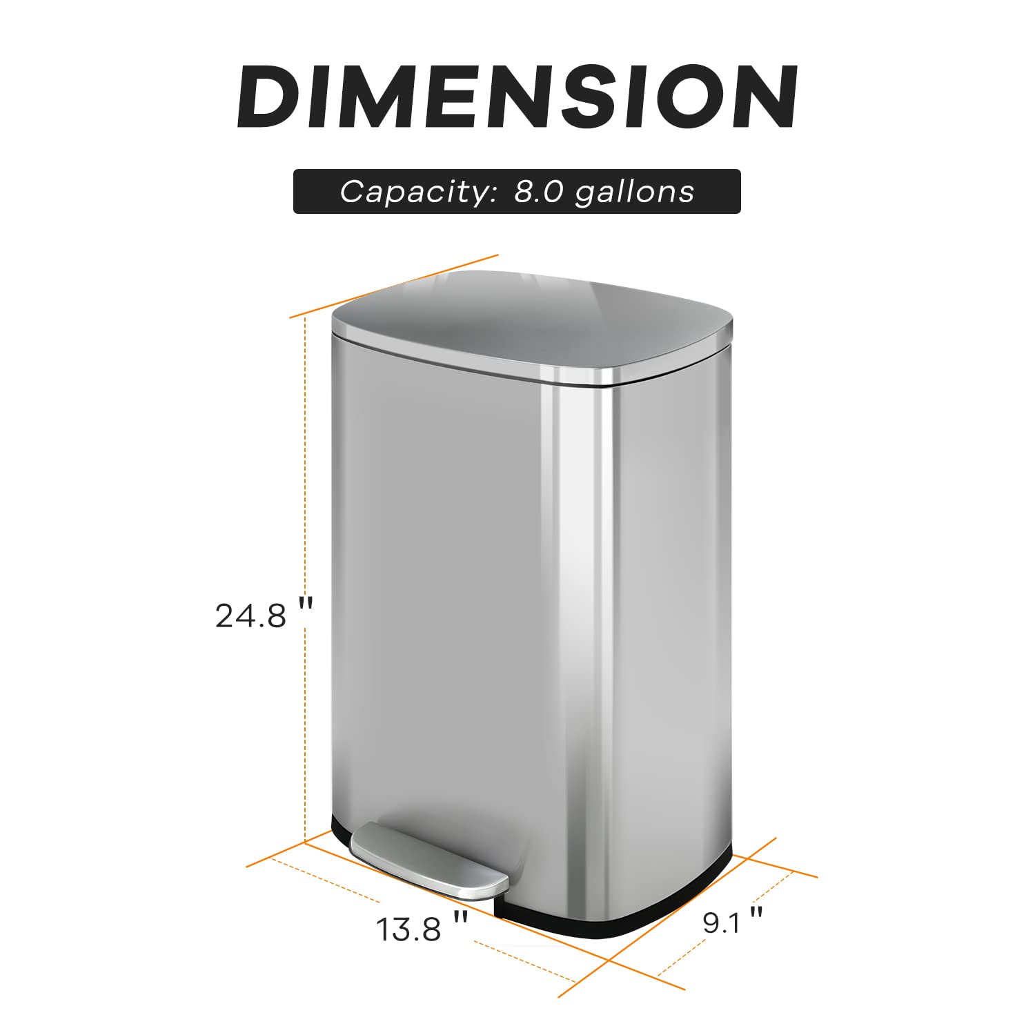 Trash Can, Garbage Can 8 Gallon/ 30L Stainless Steel Metal Bathroom Step Trash Can for Home and Kitchen Waste and Recycling with Lid, Inner Bucket