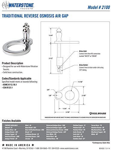 Waterstone 2100-UPB Traditional Reverse Osmosis Air Gap Unlacquered Polished Brass