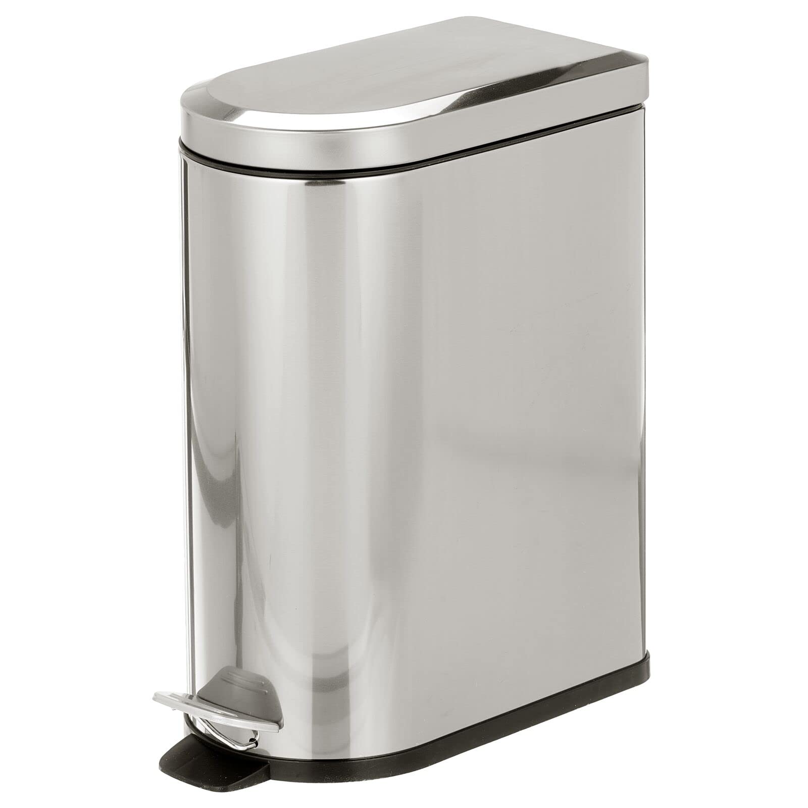 mDesign Small 2.6 Gallon/10 Liter Stainless Steel Metal Step Trash Can Garbage Bin for Bathroom, Bedroom, Office, D-Shape Trashcan w/Foot Pedal/Lid, Removable Liner Bucket w/Handles, Brushed/Chrome