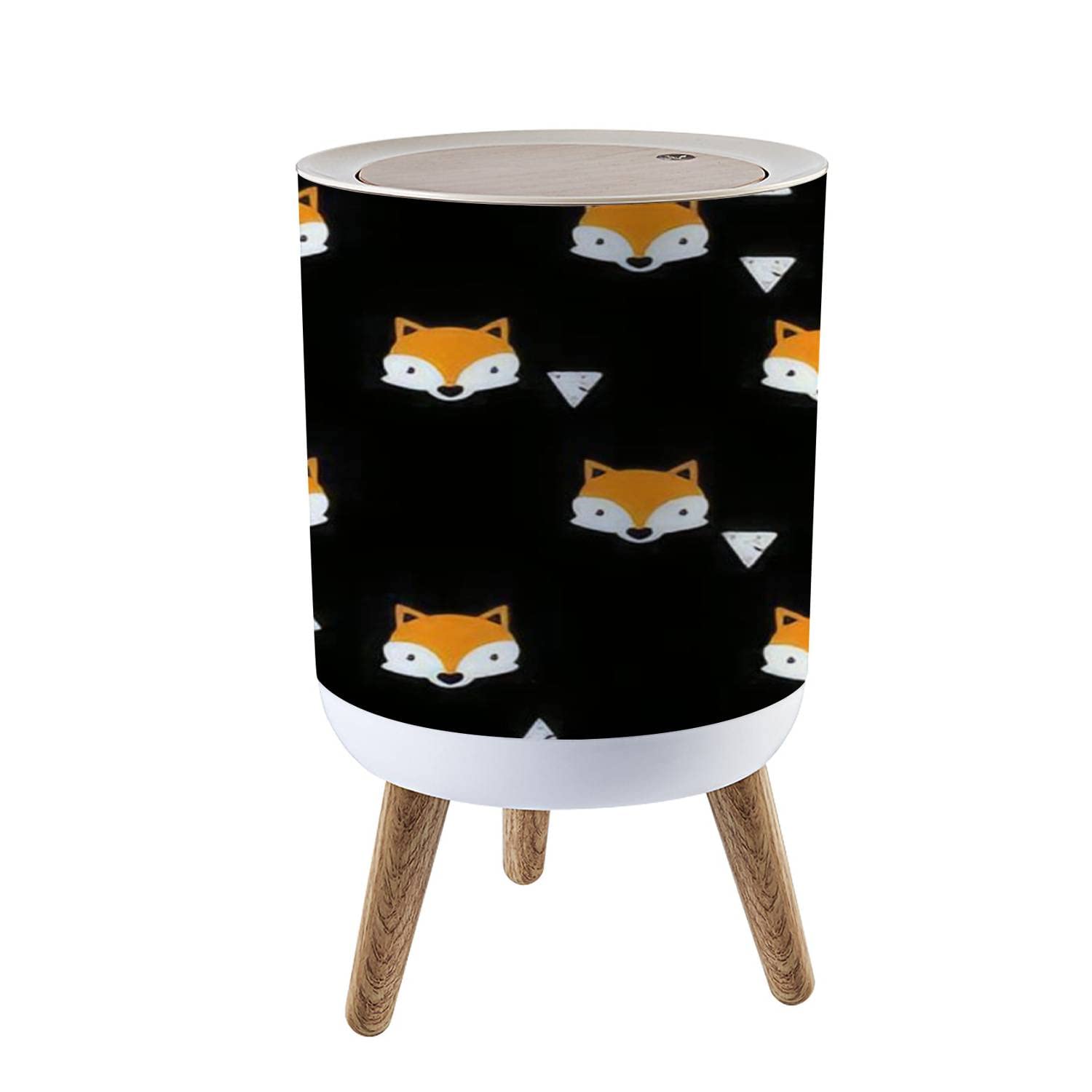 7L/1.8 Gallon Garbage Can with Press Top Lid seamless with foxes faces and geometric figures Geometric abstract It Trash Bin with Wooden Legs Dog Proof Round Trash Can for Kitchen Outdoor Bathroom