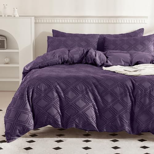 JELLYMONI Duvet Cover King Size - Purple Microfiber Tufted Duvet Cover Set, Boho Textured Duvet Cover Jacquard Rhombus Geometric Pattern Duvet Cover with Corner Ties & Zipper Closure