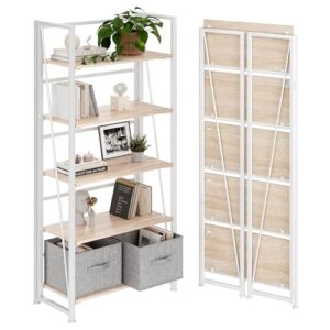 4nm no-assembly folding bookshelf storage shelves 5 tiers vintage bookcase standing racks study organizer home office (natural and white)