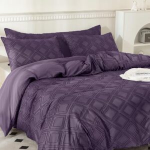 JELLYMONI Duvet Cover King Size - Purple Microfiber Tufted Duvet Cover Set, Boho Textured Duvet Cover Jacquard Rhombus Geometric Pattern Duvet Cover with Corner Ties & Zipper Closure