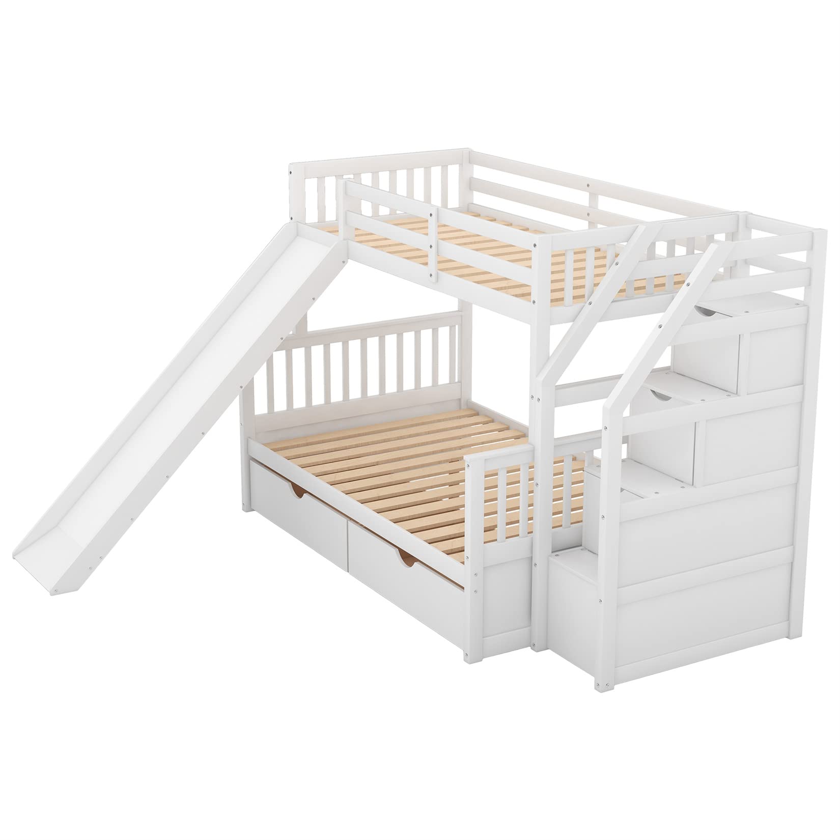 Harper & Bright Designs Bunk Bed with Slide and Stairs Twin Over Full Bunk Beds Wood Frame with Storage Drawers for Kids Boys Girls Teens, White