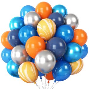 60pcs balloons orange blue, outer space party balloons set, navy blue silver orange yellow agate latex balloon, blue party balloons for boys kids space theme birthday party, graduation, baby shower