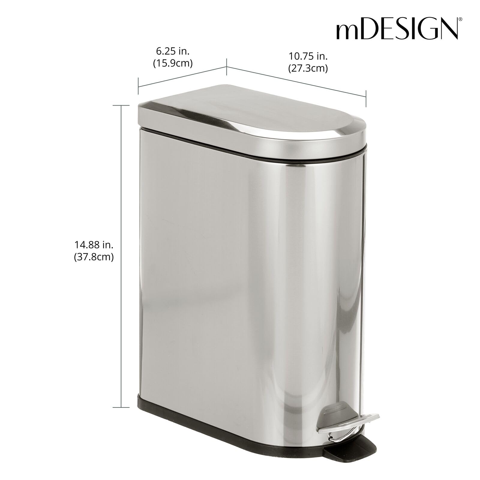 mDesign Small 2.6 Gallon/10 Liter Stainless Steel Metal Step Trash Can Garbage Bin for Bathroom, Bedroom, Office, D-Shape Trashcan w/Foot Pedal/Lid, Removable Liner Bucket w/Handles, Brushed/Chrome