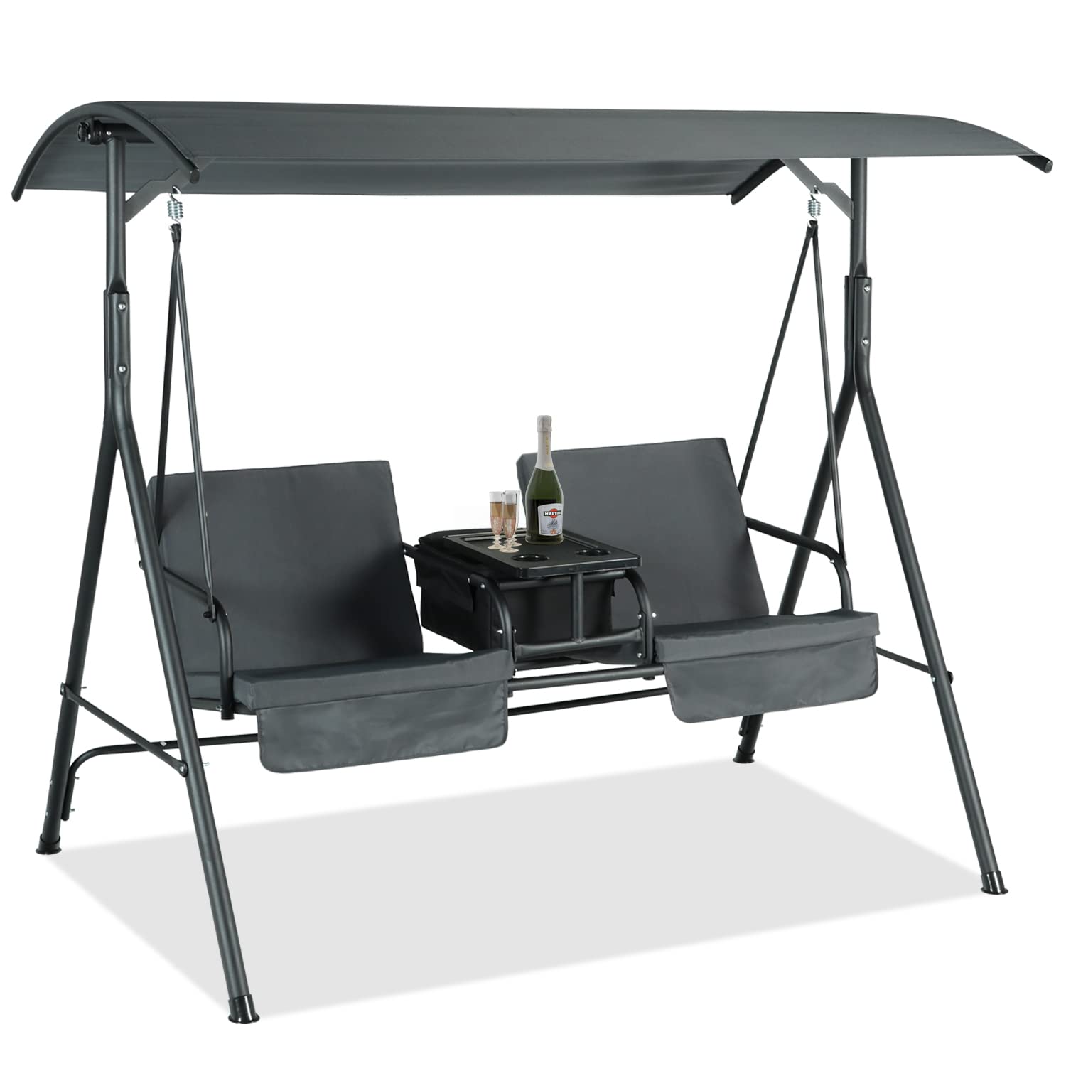 GRAVFORCE Outdoor Swing with Canopy, 2-Seat Porch Swing with Storage Cooler Bag, Adjustable Canopy Swing with Table & 2 Cup Holders, Patio Swing Sets for Backyard, Outside (Gray)