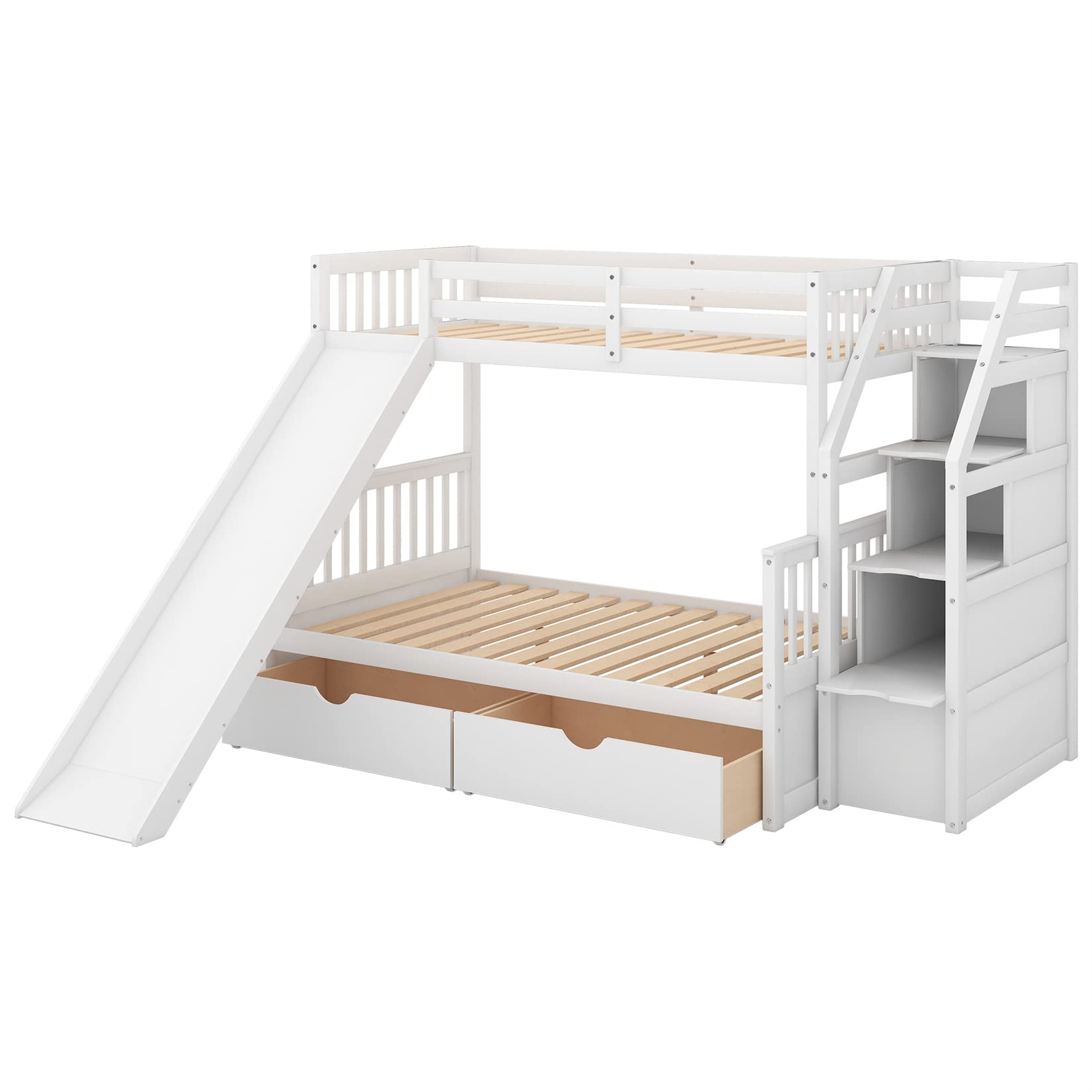 Harper & Bright Designs Bunk Bed with Slide and Stairs Twin Over Full Bunk Beds Wood Frame with Storage Drawers for Kids Boys Girls Teens, White