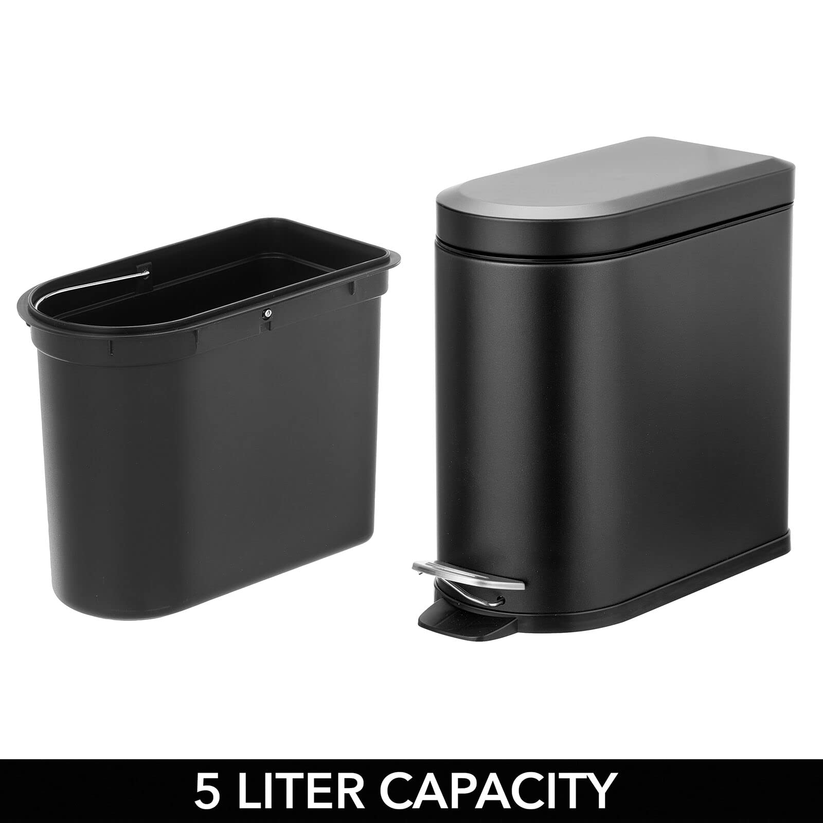 mDesign Small 1.3 Gallon Stainless Steel Metal Step Trash Can Garbage Bin for Bathroom, Bedroom, or Home Office - D-Shape Trashcan with Foot Pedal and Lid - Removable Liner Bucket with Handles, Black